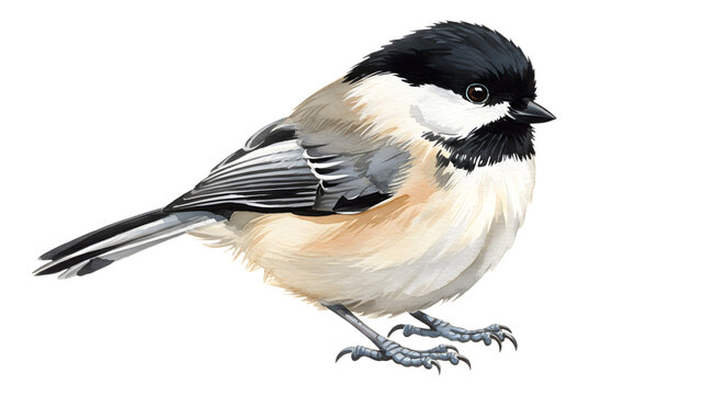 A meticulously painted chickadee illustration featuring delicate watercolor effects