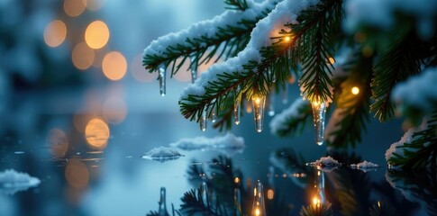 Glowing icicles hang from a Christmas tree submerged in water, nature, glassy