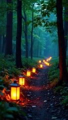 Obraz premium Glowing lanterns lining a winding forest path,, nature