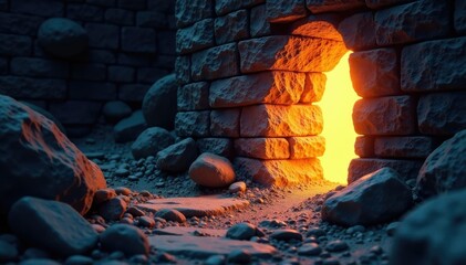 Glowing light seeps through cracks in a stone wall, revealing hidden secrets, hidden, light, stone