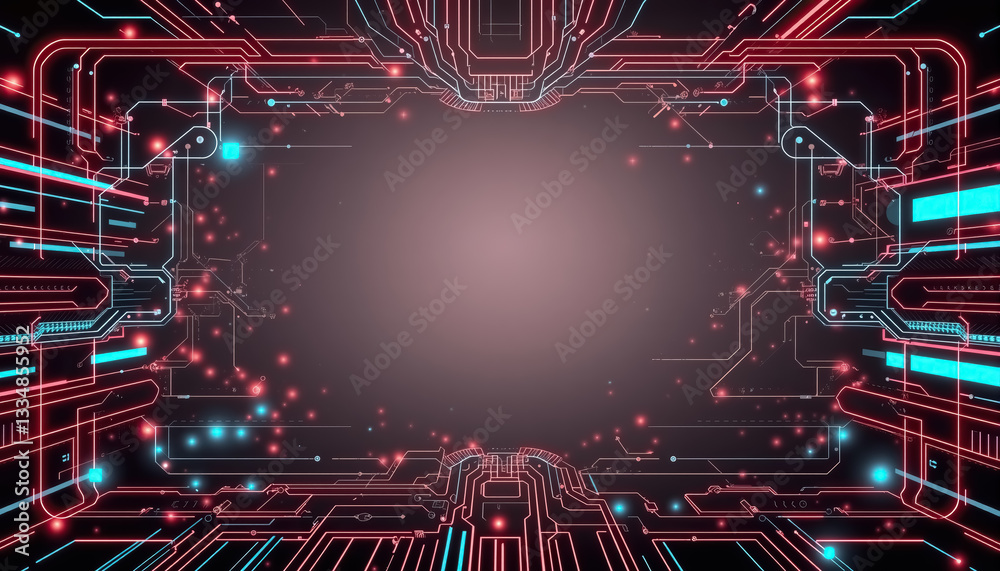 Poster abstract futuristic circuit board design with red and blue neon lights on dark background