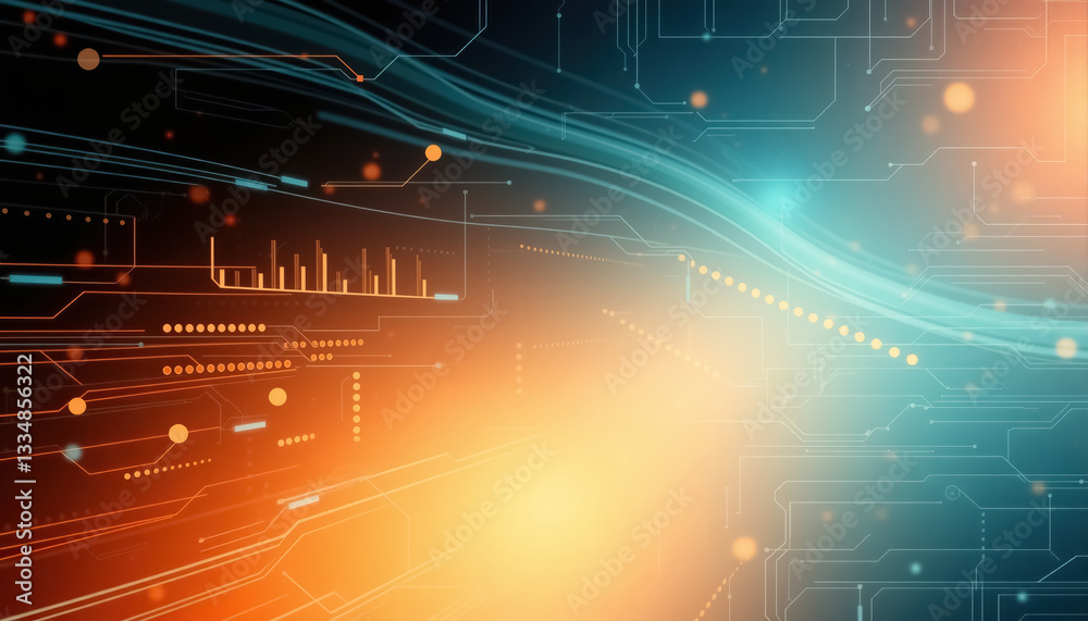 Poster Abstract tech landscape of interconnected lines dots and glowing streams symbolizing digital data