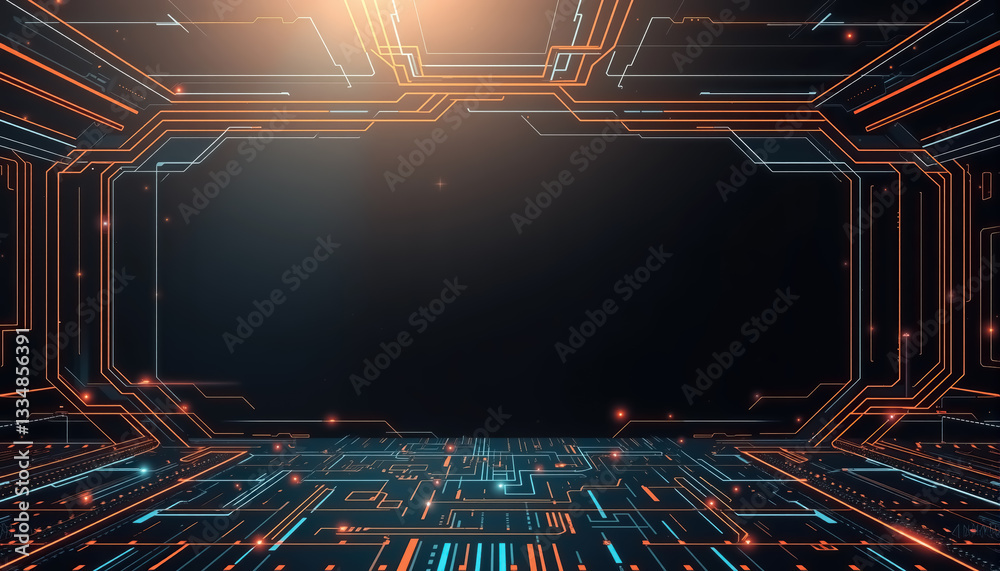 Poster Abstract digital circuit board Glowing neon lines and connection points Technological backdrop