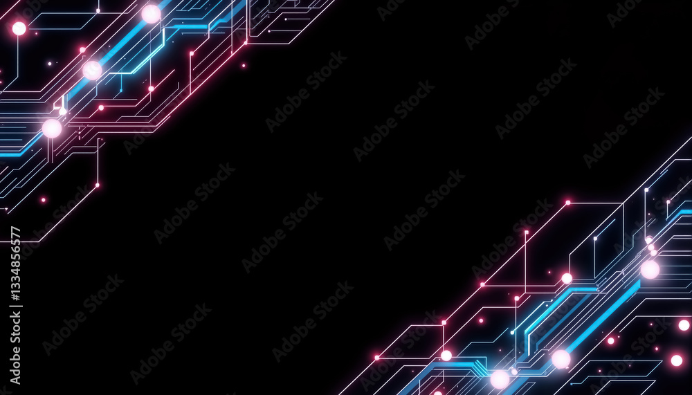 Aufkleber Abstract digital network with glowing lines and nodes on black background tech design AI