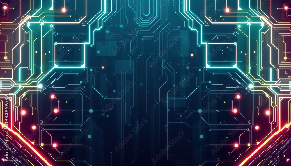 Poster abstract symmetrical illustration of luminous circuit board design on dark background