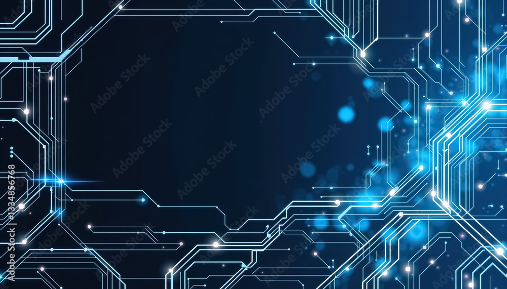 Poster digital network composed of glowing circuits and connection points against dark blue background