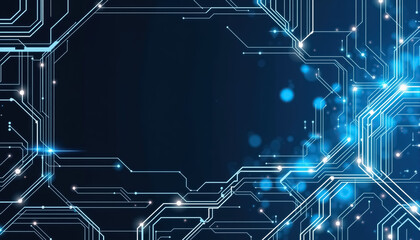 digital network composed of glowing circuits and connection points against dark blue background