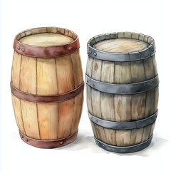 Fototapeta premium Two wooden barrels, watercolor illustration