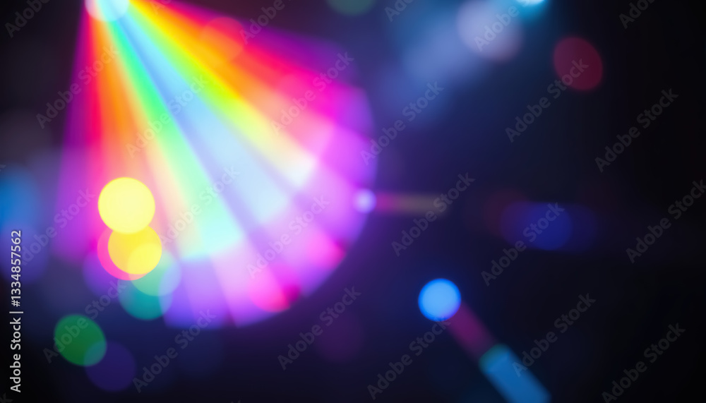 Poster vibrant display of rainbow colored light beams illuminating darkened space with bokeh effects