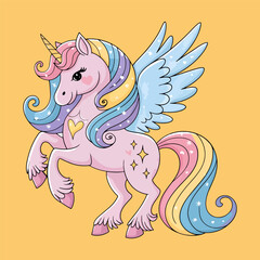 Cute Baby Unicorn Cartoon Vector Icon Illustration. Animal Nature Icon Concept Isolated Premium Vector. Flat Cartoon Style.A drawing of a unicorn with a rainbow on its tail