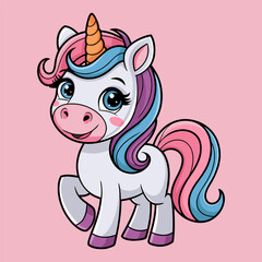 Cute Baby Unicorn Cartoon Vector Icon Illustration. Animal Nature Icon Concept Isolated Premium Vector. Flat Cartoon Style.A drawing of a unicorn with a rainbow on its tail