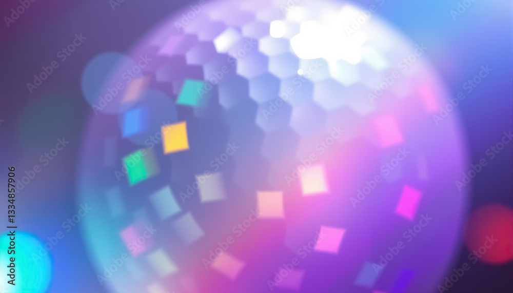 Poster Out of focus shot of sphere with various colors and shapes on surface and in background