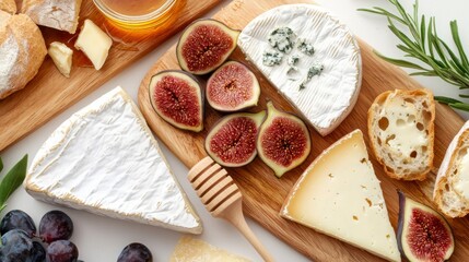Foodie Tour concept A beautifully arranged cheese platter featuring figs, honey, and crackers.