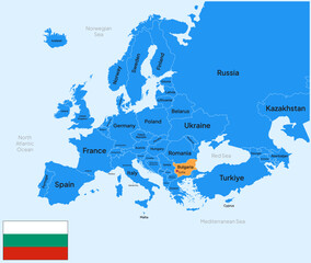 Bulgaria vector map, Europe. Editable Vector map silhouette illustration isolated on Europe, highlighted at Bulgaria, with flag, country name, border, and capital city.