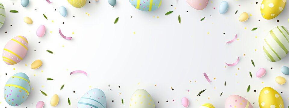 Colorful Easter eggs frame a white banner in a double-sided border design. Top-down view with space for adding text or messages