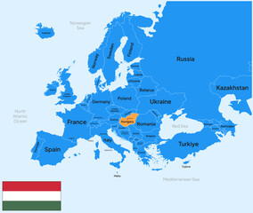 Obraz premium Hungary vector map, Europe. Editable Vector map silhouette illustration isolated on Europe, highlighted at Hungary, with flag, country name, border, and capital city.