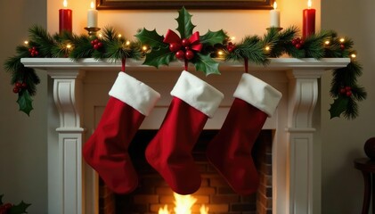 Stockings hang from mantel with festive holly, christmas decorations, holly
