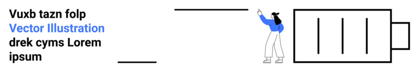 Person in blue highlights large battery with charging lines. Ideal for energy, power, technology, environment, productivity, innovation, simple landing page