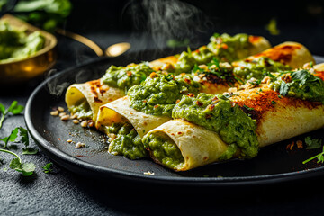 Green enchiladas with guacamole in moody style