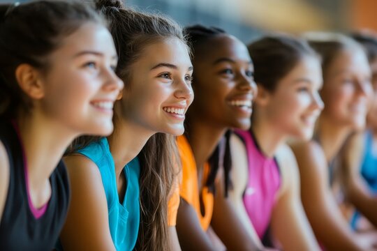 Group of diverse sporty girls sitting at sports hall