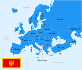Fototapeta premium Montenegro vector map, Europe. Editable Vector map silhouette illustration isolated on Europe, highlighted at Germany, with flag, country name, border, and capital city.