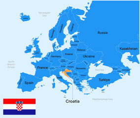 Obraz premium Croatia vector map, Europe. Editable Vector map silhouette illustration isolated on Europe, highlighted at Croatia, with flag, country name, border, and capital city.
