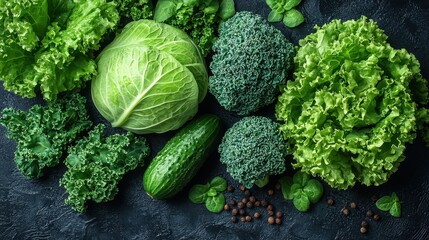 A vibrant arrangement of fresh green vegetables including lettuce, broccoli, and cucumber on a dark background. Ideal for healthy eating visuals.