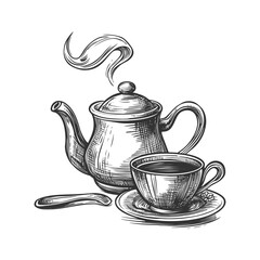 Vintage Teapot and Cup with Steam Illustration in Black and White
