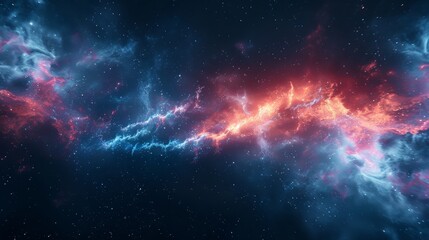 Naklejka premium Magnificent cosmic landscape featuring a vibrant and colorful nebula against a star-studded dark background, representing universal phenomena and space exploration