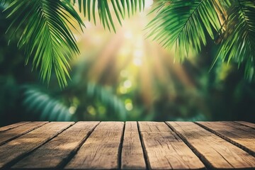 Wooden table in a tropical garden, sunlight filtering through palm leaves
