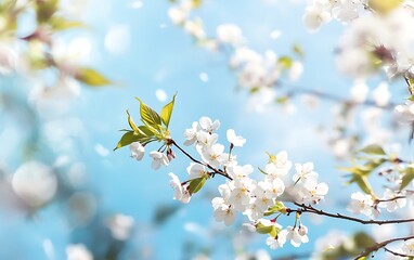 Fototapeta premium Blooming cherry plum tree, spring background. 