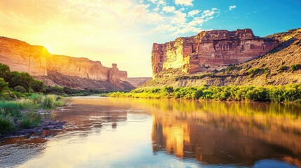 Golden Hour Sunset Over Canyon River Reflection