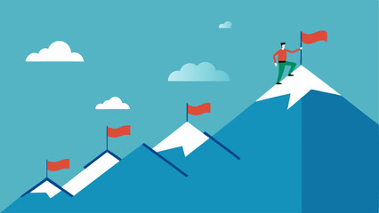 Mountain Climbing A person climbing a mountain with milestones flags representing achieved habits along the way. This illustrates the journey of developing habits over time and