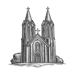 Fototapeta premium Detailed Sketch of a Gothic Style Church with Twin Spires
