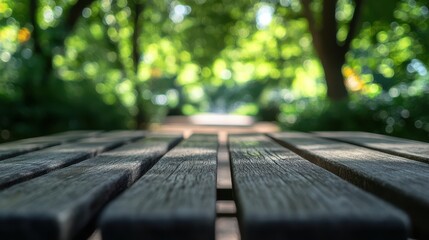 Peaceful View of Natural Path with Wooden Table in Focus