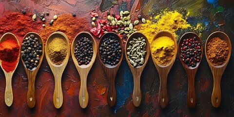 A vibrant array of spices and herbs, meticulously arranged in a horizontal line on a dark, textured surface. From left to right, we see peppercorns, whole white pepper, yellow