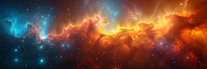 Fototapeta premium Majestic Cosmic Cloudscape with Vibrant Nebula and Sparkling Stars, Creating an Ethereal and Awe-Inspiring Panorama of the Distant Universe