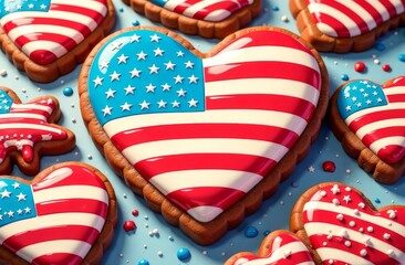 Obraz premium Patriotic Sweet Gingerbread Heart Shaped 4th of July with American Flag. Dessert Food for American Independence Day Celebration