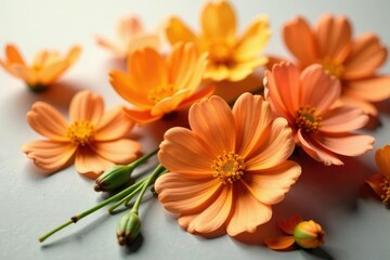 Fototapeta premium Delicate orange cosmos flowers in a loose arrangement on a flat surface, bright, floral arrangement, colorful