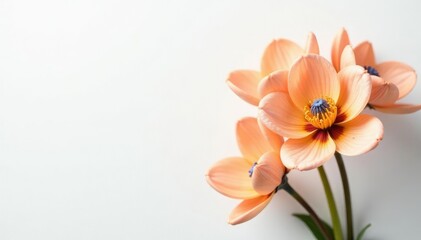 Obraz premium Delicate pale orange flowers with blue accents on a crisp white background, spring, orange, flowers