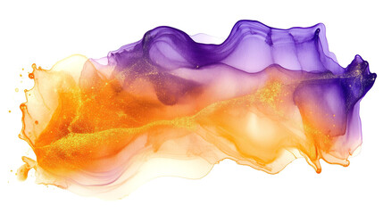 one single purple, orange and golden alcohol ink abstract splash stain isolated on white or transparent background