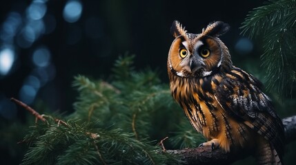 Majestic Long-eared Owl Perched Serenely on a Pine Branch, Eyes Wide Open in the Enchanting Forest Setting, Captivating Wildlife Portrait