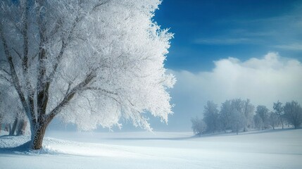 Frosty winter landscape with snow-covered trees and a clear blue sky.
