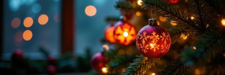 Glowing lanterns adorn a festive Christmas tree, holiday decor, ornaments