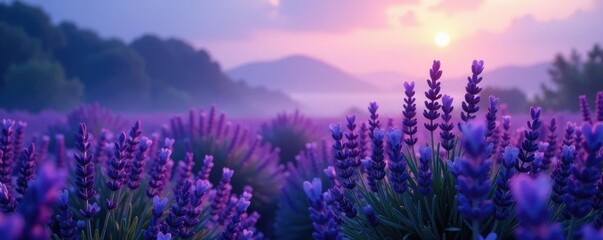 Obraz premium Glowing lavender blooms in a misty atmosphere, misty landscape, soft light, nocturnal flora