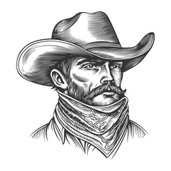 Vintage Cowboy Portrait with Hat and Bandana in Black and White