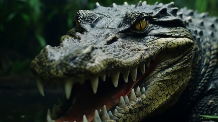 Obraz premium Menacing crocodile portrait showcases sharp teeth, textured skin, and piercing golden eyes in a natural, murky jungle setting.