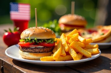 Picnic to celebrate American Independence Day on July 4th. Fast food: French fries, hamburgers, pizza, drinks. Food and utensils, tablecloths - all with attributes of the national flag