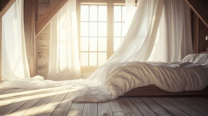 Serene Bedroom with Soft Light and Wooden Beams