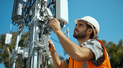 Technician repairing cell tower.